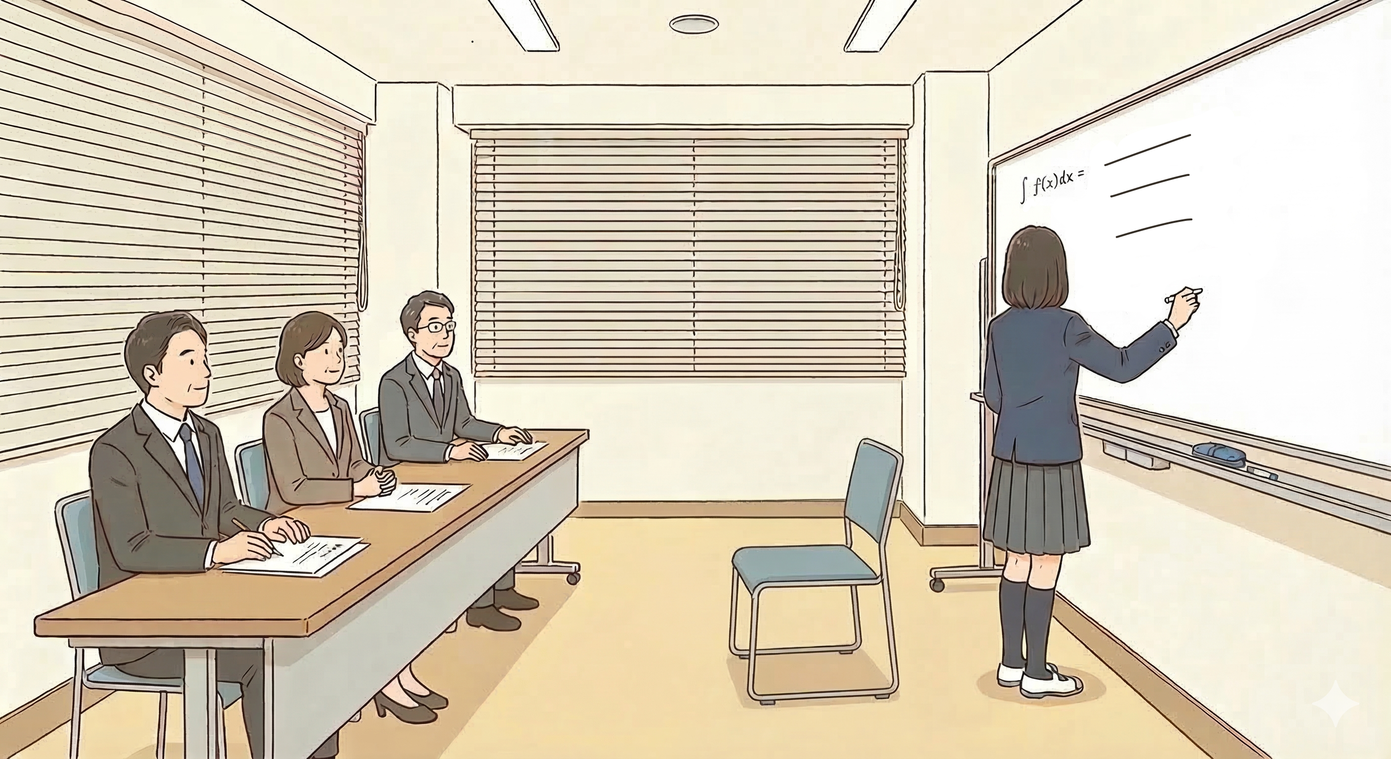 口頭試問のイメージ：ホワイトボードを使って解答する受験生と面接官