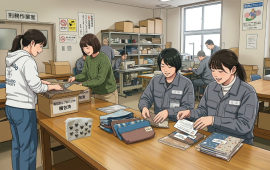さぬき再犯防止プロジェクト(PROS)の学生と受刑者が、 今年度のコラボ製品「さぬポチ」の梱包作業を初の共同実施