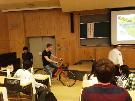 learning/showing bicycle rules in Japan.
