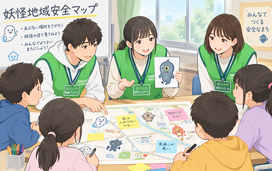 香川大学防犯パトロール隊と観音寺小学校サポート隊の協働による 妖怪地域安全マップづくりを実施
