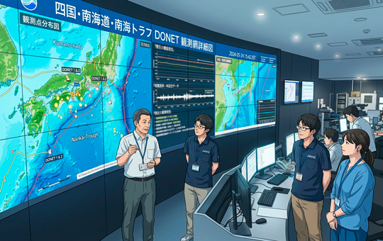 南海トラフを24時間監視! 香川大学に地震・津波観測システム「DONET」大型モニターを新設 ~ライフライン関係機関を招き、お披露目・リアルタイムデータを活用した防災勉強会を開催~